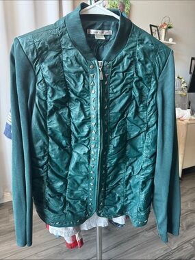 Peter Nygard Teal Quilted Stud-Trim Bomber Jacket